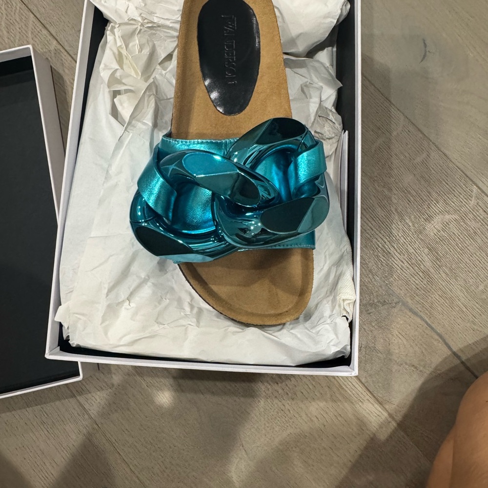 JW ANDERSON Teal Metallic Bow Mules